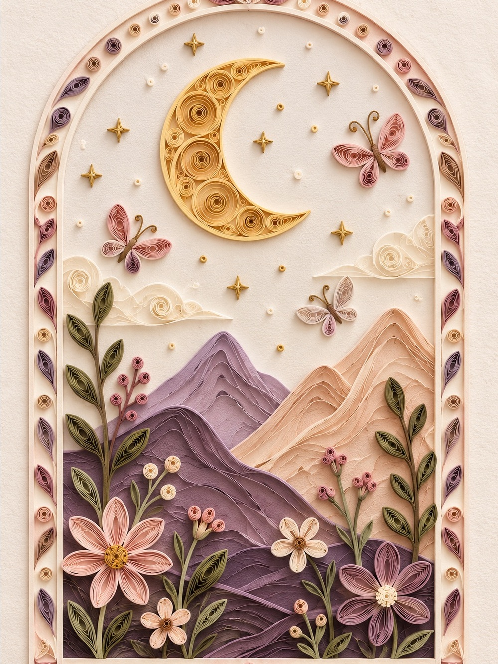 5x7 Framed Lavender & Blush Moonlit Quilling Art Print by